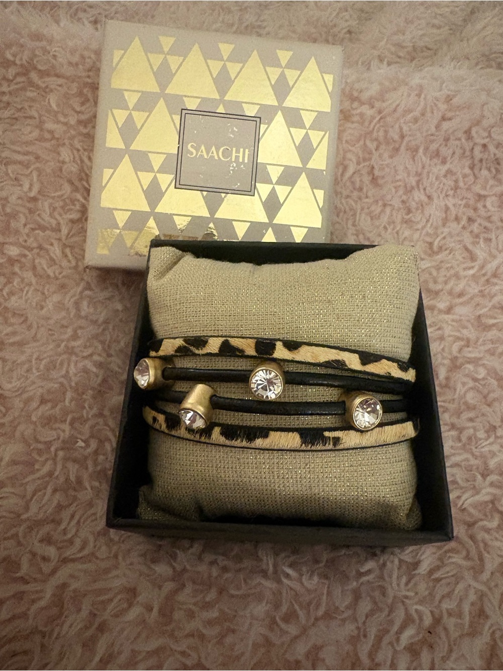 SAACHI Leopard-Print Multi-Strand Bracelet with Crystal Studs - Gold & Black